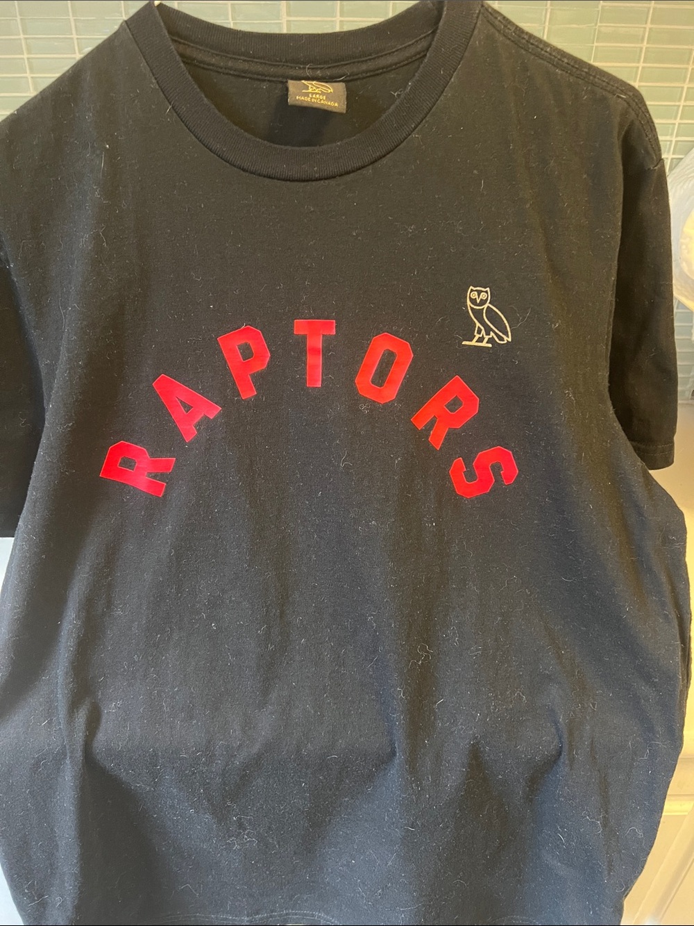 OVO Black Tee with Red Raptors Arch and Gold Owl